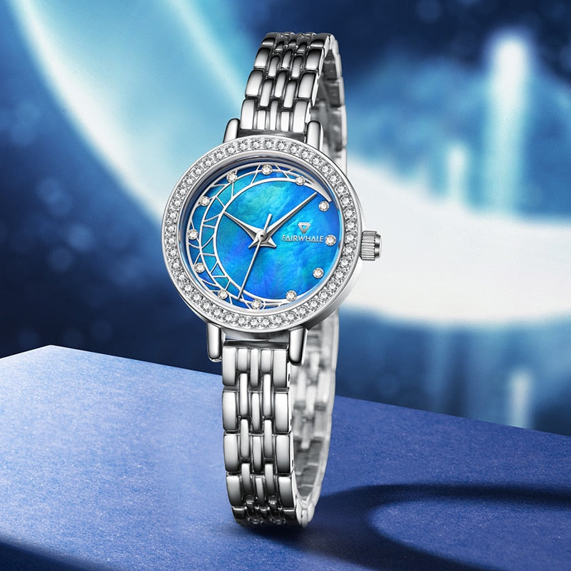 Detailed bezel shot of Mark Fairwhale FW-3400 LUNAR women’s luxury crystal watch