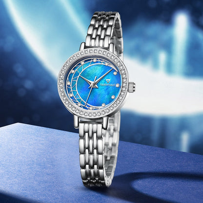 Detailed bezel shot of Mark Fairwhale FW-3400 LUNAR women’s luxury crystal watch