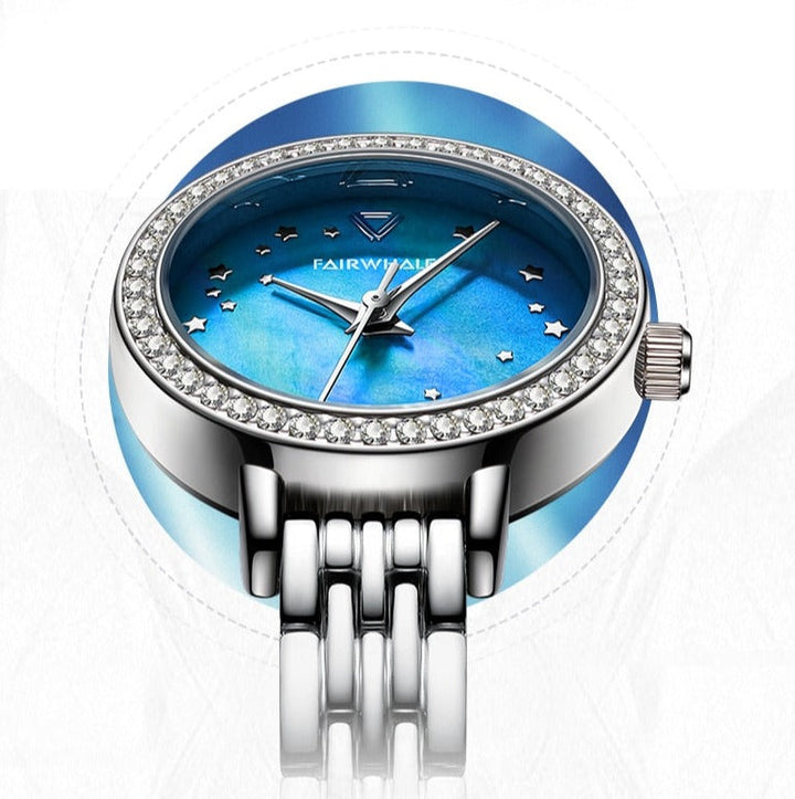 Elegant women’s stainless steel dress watch Mark Fairwhale FW-3400 LUNAR with crystal bezel
