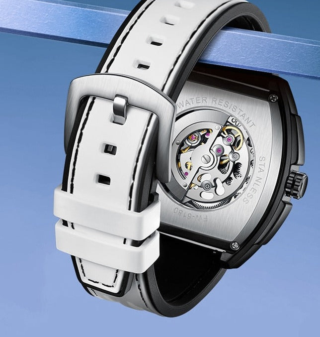 Mark Fairwhale Original Hollow Watch back view revealing automatic self-wind movement and transparent case back, precision men automatic watch engineering