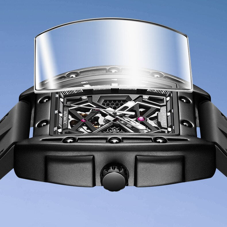 Macro shot of Mark Fairwhale Original Hollow Watch curved sapphire glass and openwork dial, detailed men automatic watch design emphasizing durability and clarity