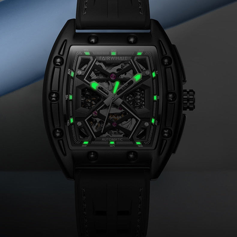 Mark Fairwhale Original Hollow Watch luminous night view, glowing green hands and markers on black skeleton dial, waterproof men automatic watch with modern style