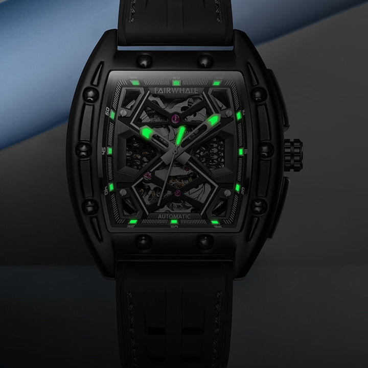 Mark Fairwhale Original Hollow Watch luminous night view, glowing green hands and markers on black skeleton dial, waterproof men automatic watch with modern style
