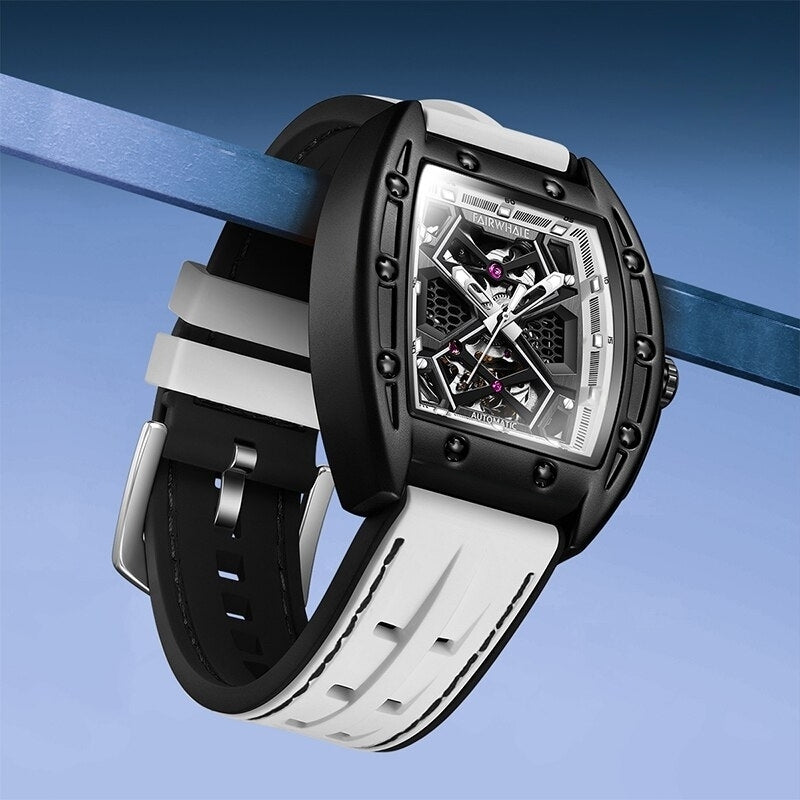 Mark Fairwhale Original Hollow Watch side angle with white rubber strap, mechanical men automatic watch displaying skeletonized dial and stainless steel details