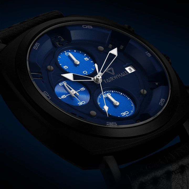 Mark Fairwhale AEROCOMMANDER FW-5510 Military Watch with blue dial and black leather strap