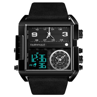 Mark Fairwhale TRICHRON FW-4270 quartz watch with LED digital display, leather strap, and waterproof design