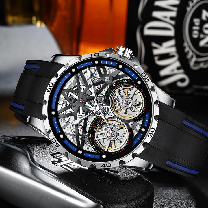 Mark Fairwhale TWINTOR Deep Current – Dark blue dial dual tourbillon skeleton automatic watch for men with luminous display and rubber strap