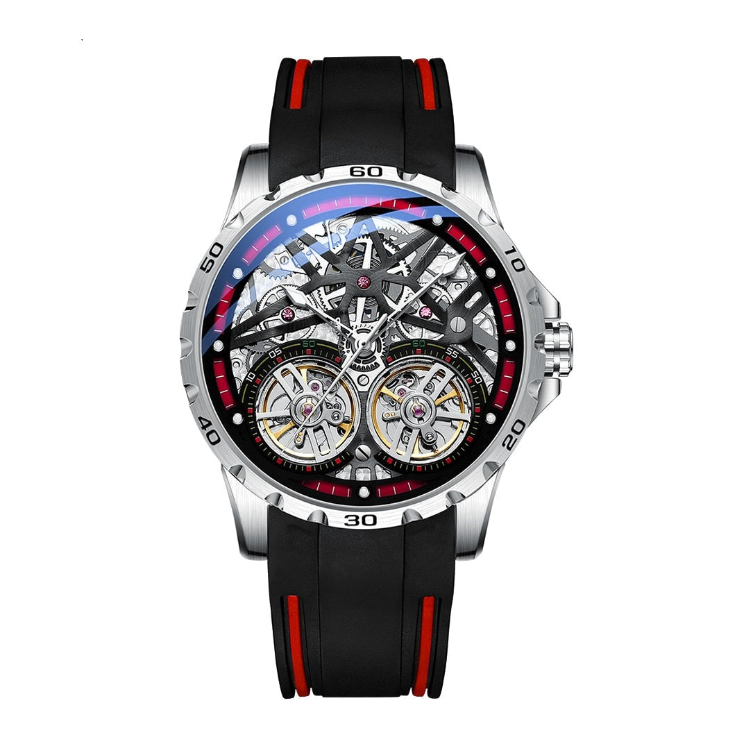 Mark Fairwhale TWINTOR Deep Current – Dark red dial dual tourbillon skeleton automatic watch for men with luminous display and rubber strap
