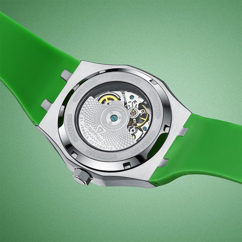 Mark Fairwhale AERIXON FW-6390 with green strap, showcasing modern-meets-vintage design