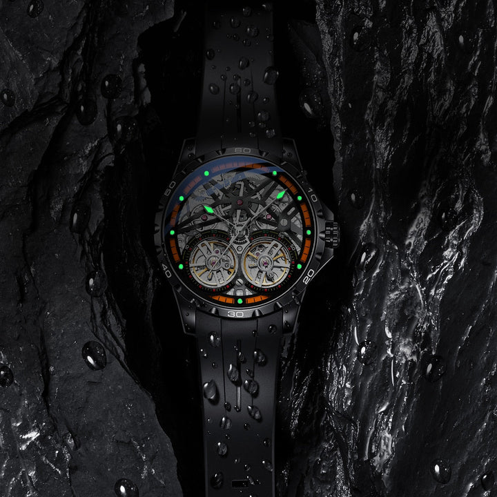 Mark Fairwhale TWINTOR Deep Current – Dark orange dial dual tourbillon skeleton automatic watch for men with luminous display and rubber strap