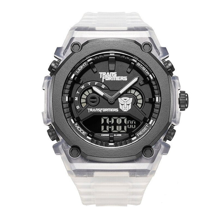 Mark Fairwhale 7110 Transformers - White transparent digital quartz watch displayed with robotic background