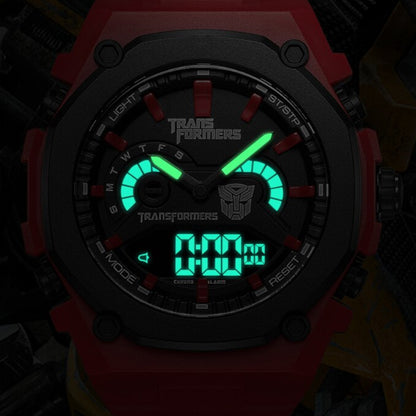 Mark Fairwhale 7110 Transformers - Red Luminous transparent digital quartz watch displayed with robotic background