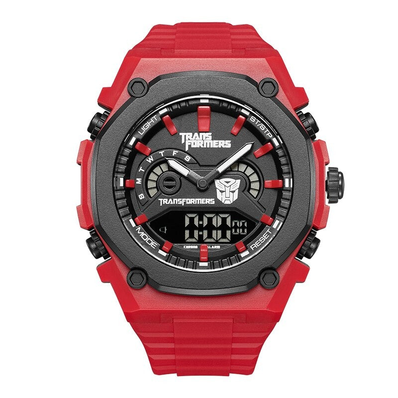 Mark Fairwhale 7110 Transformers - Red transparent digital quartz watch displayed with robotic background