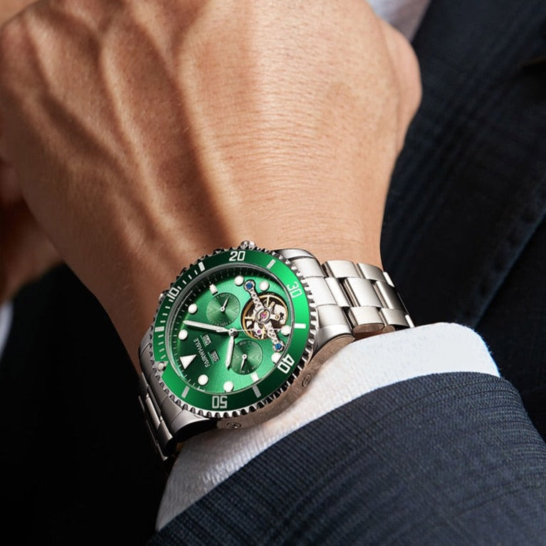 Mark Fairwhale FW-6010 DIVIROX men’s automatic watch with blue textured dial, stainless steel bracelet, and skeleton tourbillon showcasing modern luxury design.