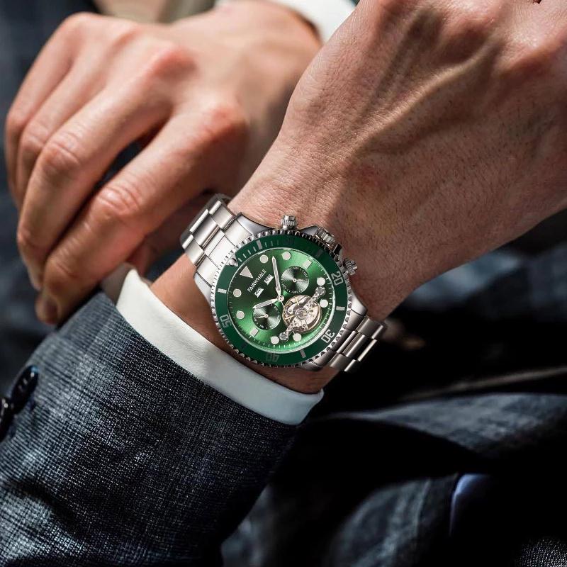 Mark Fairwhale FW-6010 DIVIROX men’s automatic watch with blue textured dial, stainless steel bracelet, and skeleton tourbillon showcasing modern luxury design.