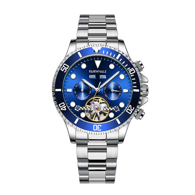 Mark Fairwhale FW-6010 DIVIROX men’s automatic watch with blue textured dial, stainless steel bracelet, and skeleton tourbillon showcasing modern luxury design.