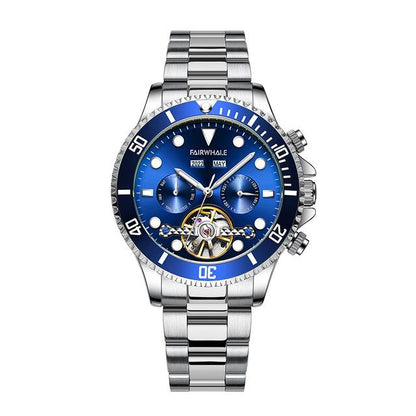 Mark Fairwhale FW-6010 DIVIROX men’s automatic watch with blue textured dial, stainless steel bracelet, and skeleton tourbillon showcasing modern luxury design.