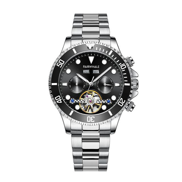 Mark Fairwhale FW-6010 DIVIROX men’s automatic watch with blue textured dial, stainless steel bracelet, and skeleton tourbillon showcasing modern luxury design.