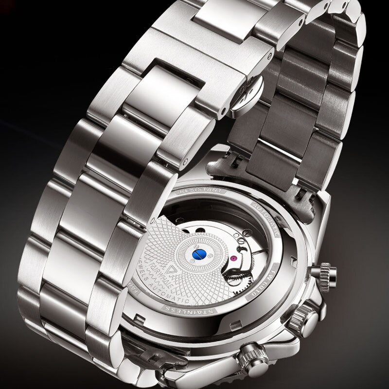 Mark Fairwhale FW-6010 DIVIROX men’s automatic watch with blue textured dial, stainless steel bracelet, and skeleton tourbillon showcasing modern luxury design.