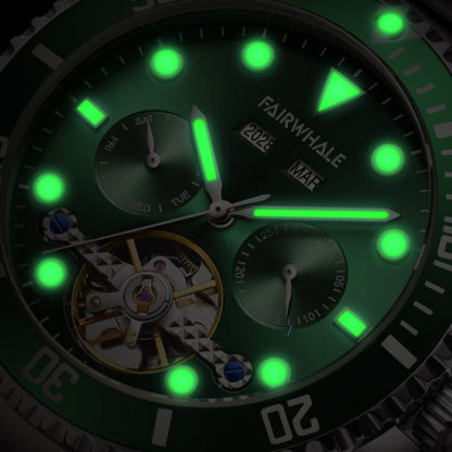 Mark Fairwhale FW-6010 DIVIROX men’s automatic watch with blue textured dial, stainless steel bracelet, and skeleton tourbillon showcasing modern luxury design.