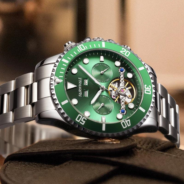 Mark Fairwhale FW-6010 DIVIROX men’s automatic watch with blue textured dial, stainless steel bracelet, and skeleton tourbillon showcasing modern luxury design.