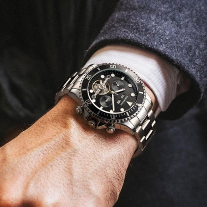 Mark Fairwhale FW-6010 DIVIROX men’s automatic watch with blue textured dial, stainless steel bracelet, and skeleton tourbillon showcasing modern luxury design.