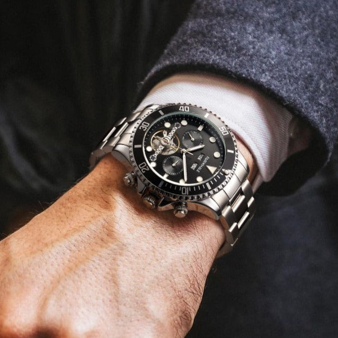 Mark Fairwhale FW-6010 DIVIROX men’s automatic watch with blue textured dial, stainless steel bracelet, and skeleton tourbillon showcasing modern luxury design.