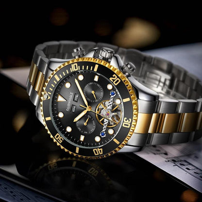 Mark Fairwhale FW-6010 DIVIROX men’s automatic watch with blue textured dial, stainless steel bracelet, and skeleton tourbillon showcasing modern luxury design.