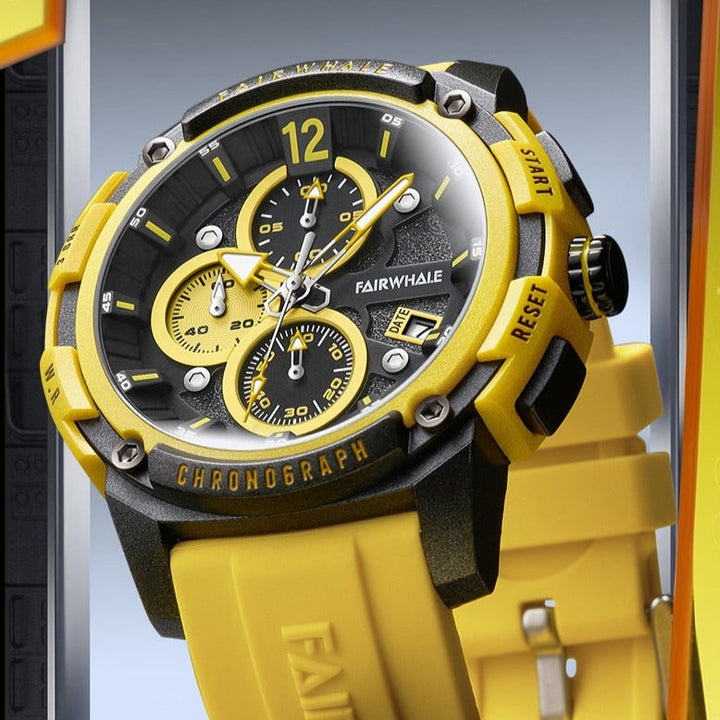 Mark Fairwhale REFUSIO FW-4360 chronograph watch with bold yellow silicone strap and yellow multi-layer dial