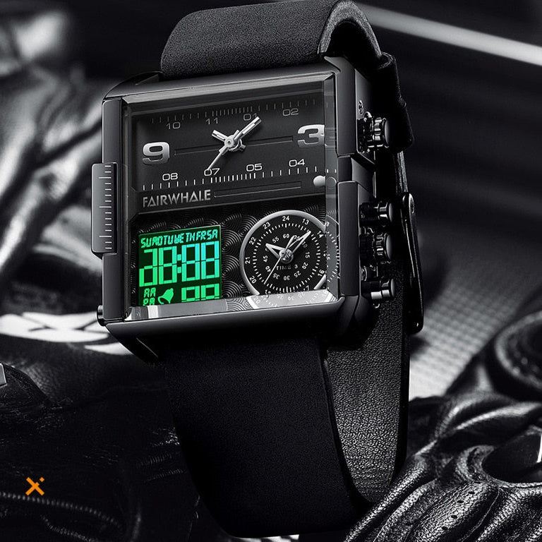 Mark Fairwhale TRICHRON FW-4270 quartz watch with LED digital display, leather strap, and waterproof design