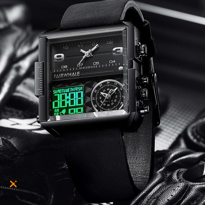 Mark Fairwhale TRICHRON FW-4270 quartz watch with LED digital display, leather strap, and waterproof design