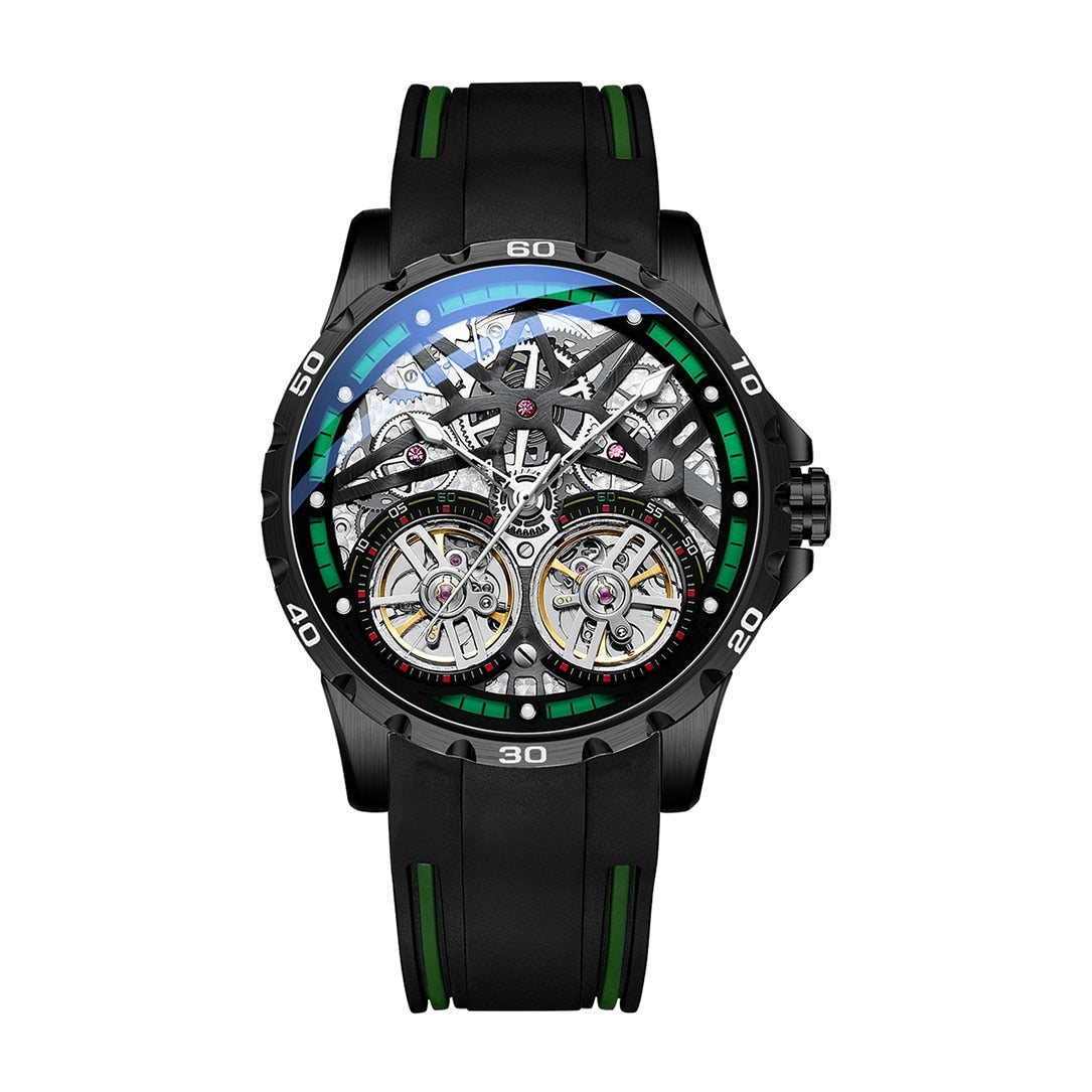 Mark Fairwhale TWINTOR Deep Current – Dark green dial dual tourbillon skeleton automatic watch for men with luminous display and rubber strap