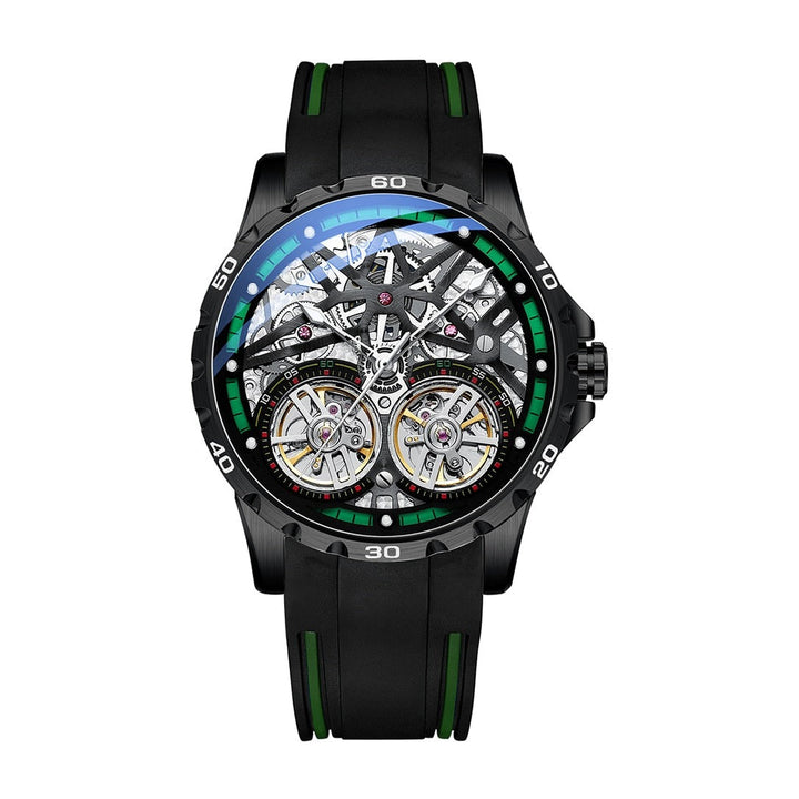 Mark Fairwhale TWINTOR Deep Current – Dark green dial dual tourbillon skeleton automatic watch for men with luminous display and rubber strap