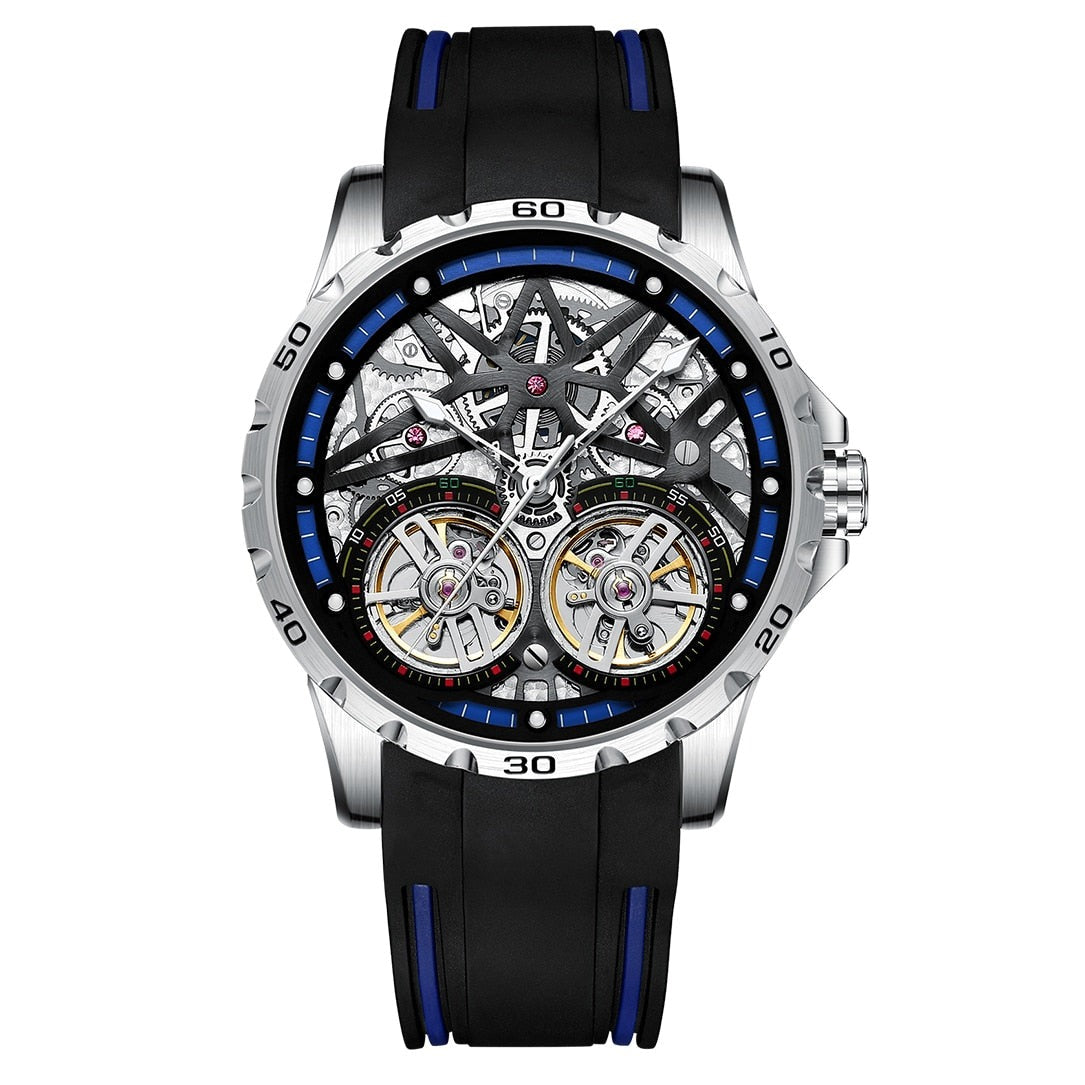 Mark Fairwhale TWINTOR Deep Current – Dark blue dial dual tourbillon skeleton automatic watch for men with luminous display and rubber strap