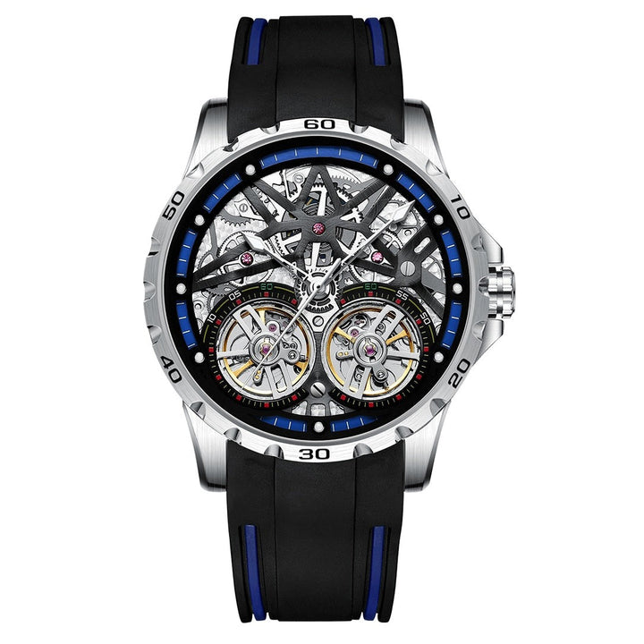 Mark Fairwhale TWINTOR Deep Current – Dark blue dial dual tourbillon skeleton automatic watch for men with luminous display and rubber strap