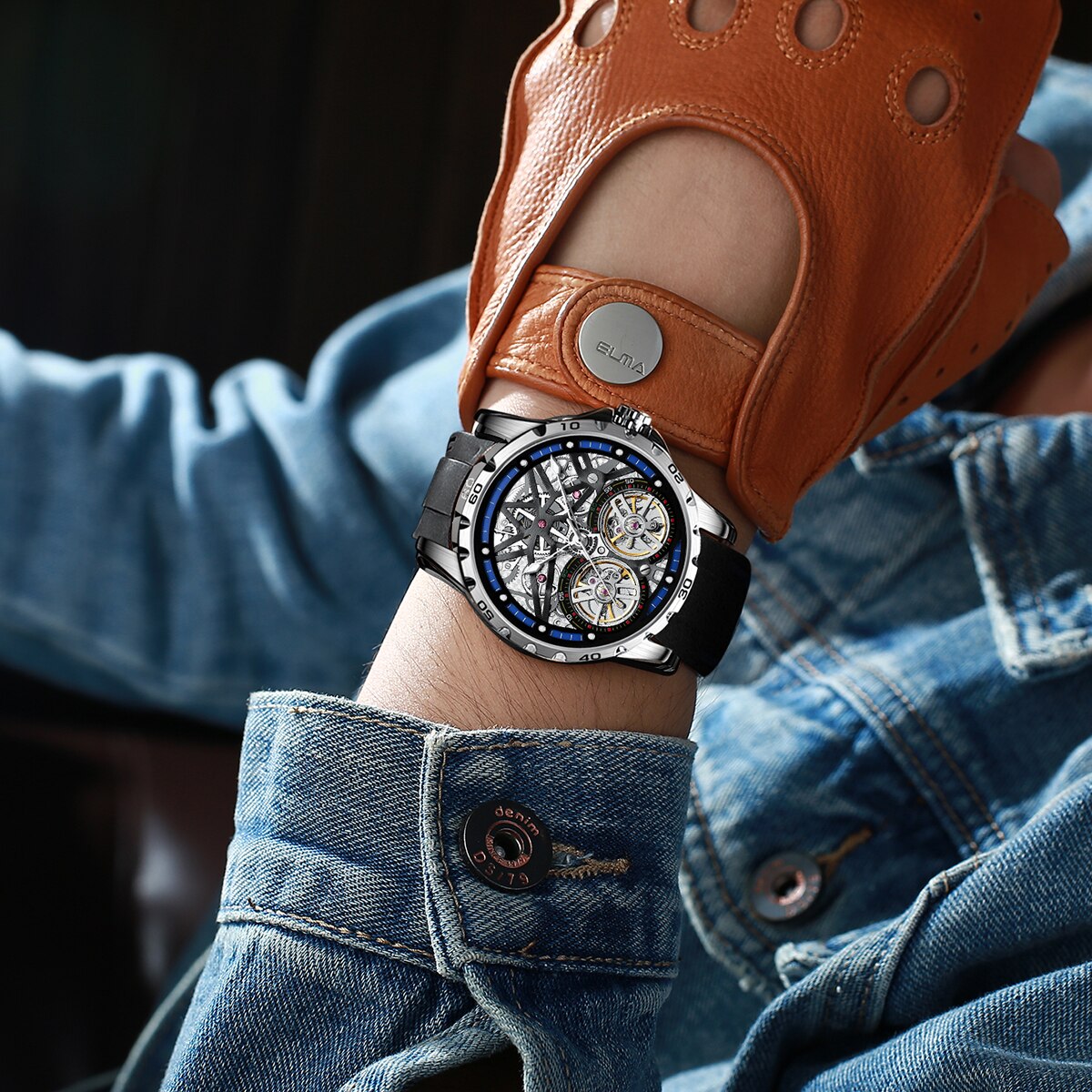 Mark Fairwhale TWINTOR Deep Current – Dark blue dial dual tourbillon skeleton automatic watch for men with luminous display and rubber strap