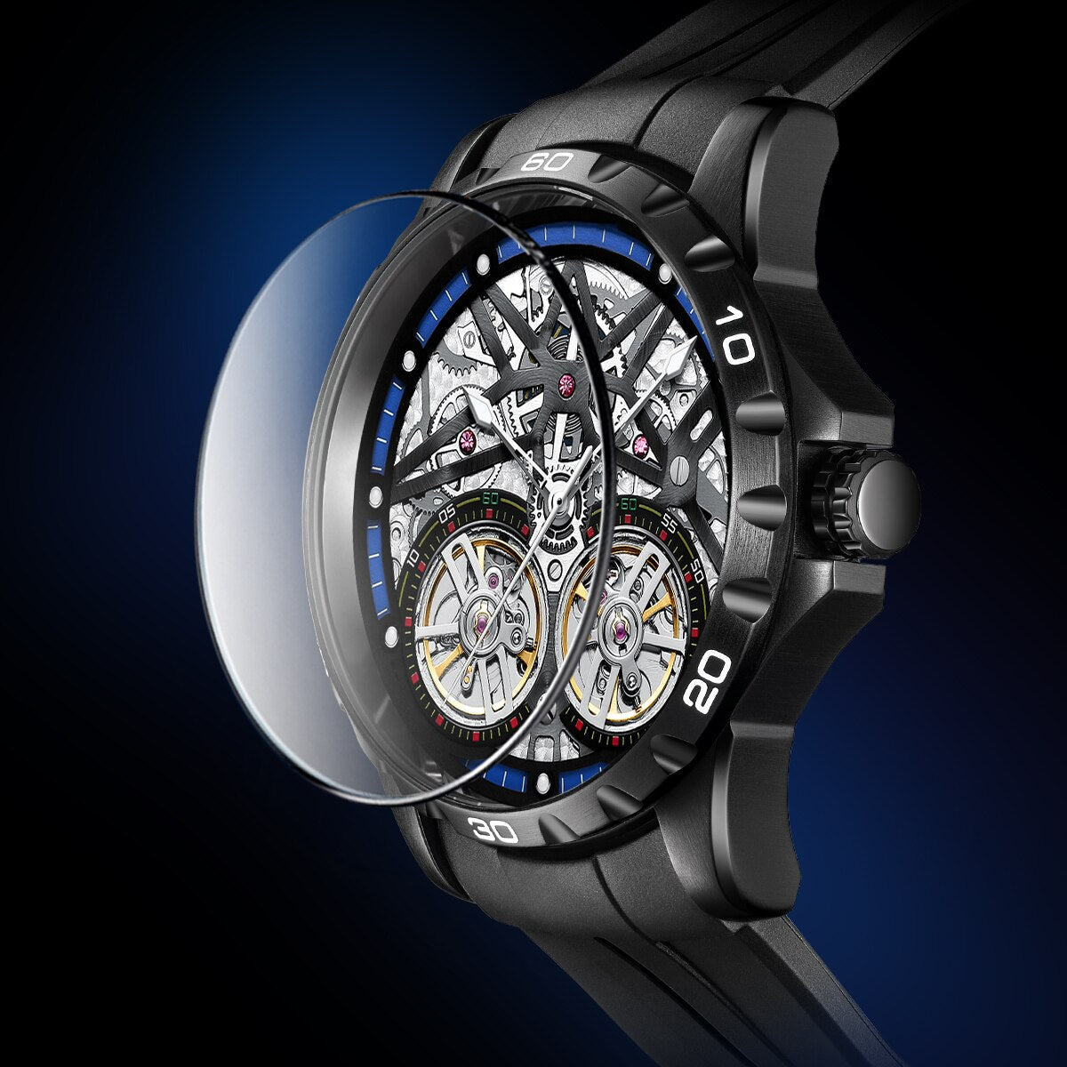Mark Fairwhale TWINTOR Deep Current – Dark blue dial dual tourbillon skeleton automatic watch for men with luminous display and rubber strap