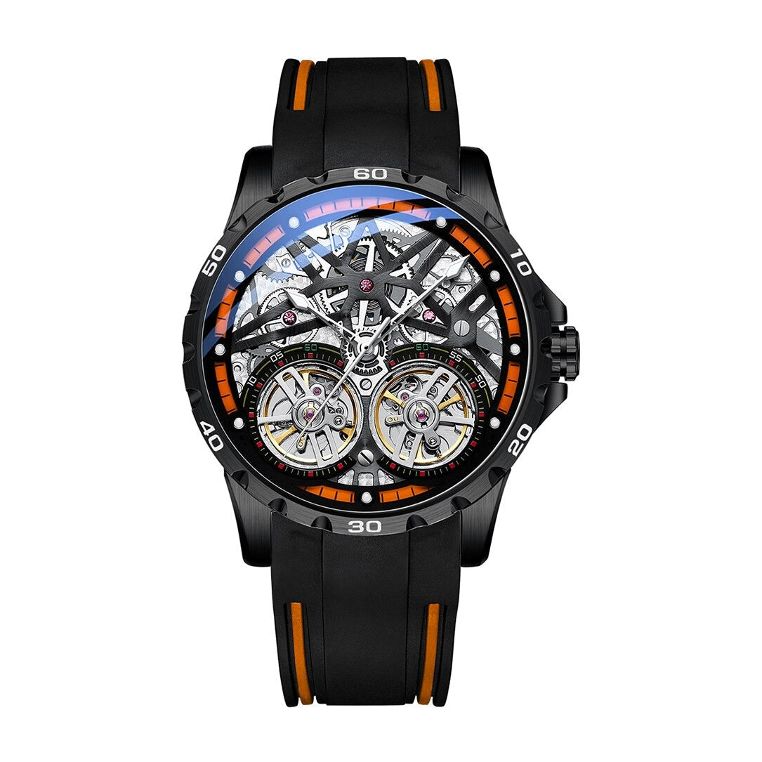 Mark Fairwhale TWINTOR Deep Current – Dark orange dial dual tourbillon skeleton automatic watch for men with luminous display and rubber strap