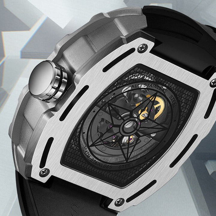 Mark Fairwhale Tonneau Mille FW-6650 men’s luxury skeleton watch with luminous green accents and tonneau stainless steel case