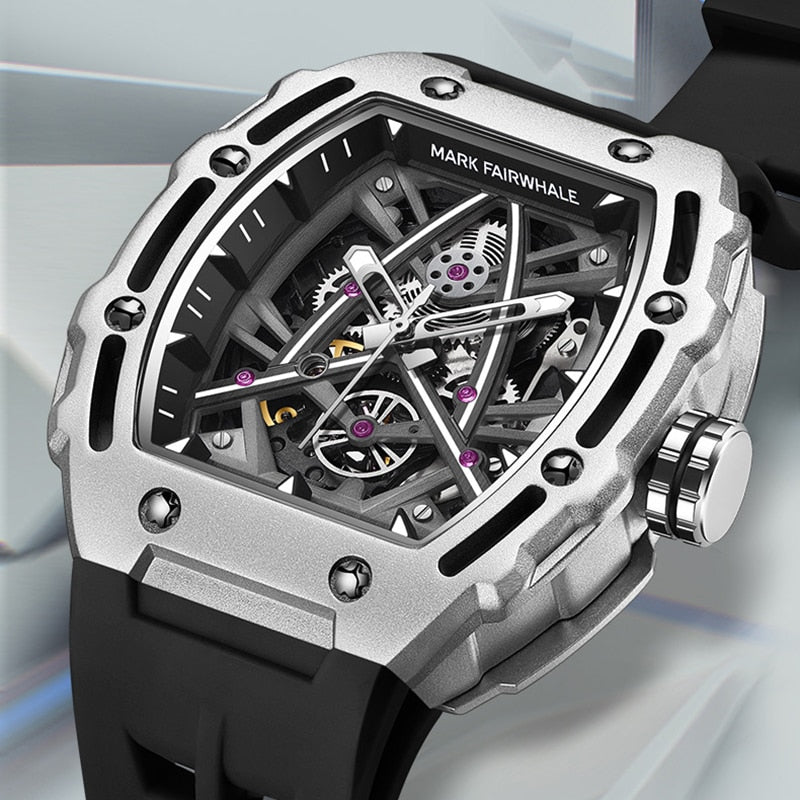 Mark Fairwhale Tonneau Mille FW-6650 men’s luxury skeleton watch with luminous green accents and tonneau stainless steel case