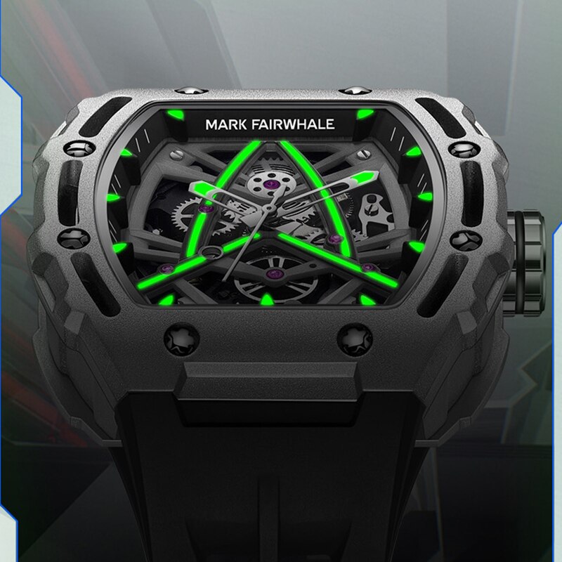Mark Fairwhale Tonneau Mille FW-6650 men’s luxury skeleton watch with luminous green accents and tonneau stainless steel case