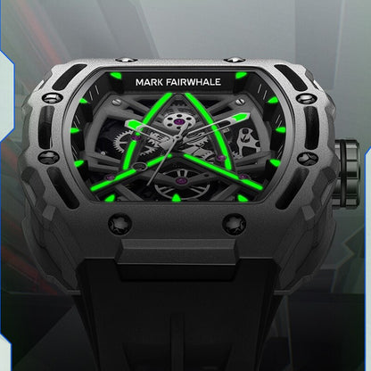 Mark Fairwhale Tonneau Mille FW-6650 men’s luxury skeleton watch with luminous green accents and tonneau stainless steel case