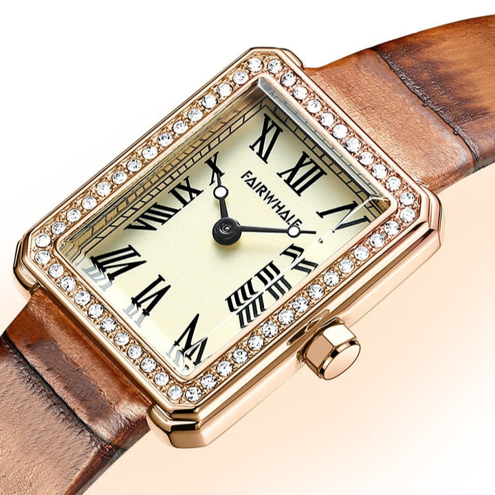Mark Fairwhale VINTESSA FW-3380 Retro Square Women’s Watch with classic Roman numerals, rose gold case, and brown leather strap