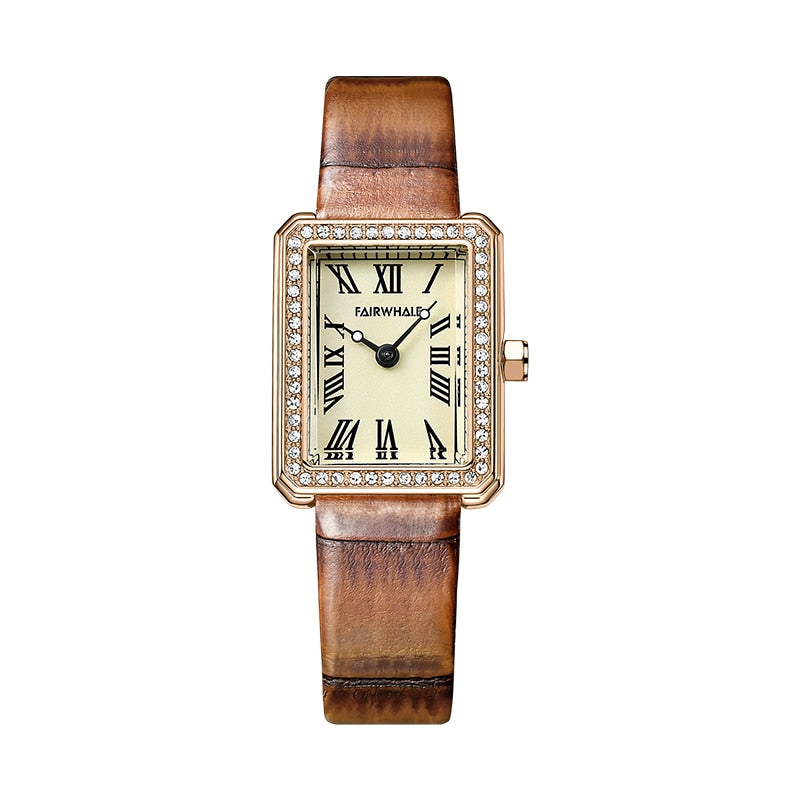 Mark Fairwhale VINTESSA FW-3380 Retro Square Women’s Watch with classic Roman numerals, rose gold case, and brown leather strap