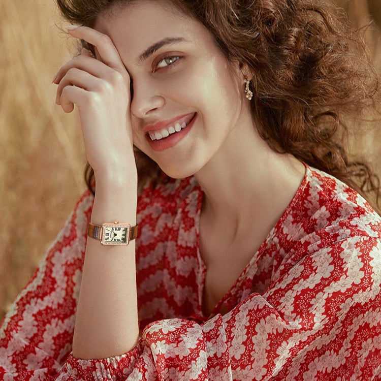 Mark Fairwhale VINTESSA FW-3380 Retro Square Women’s Watch with classic Roman numerals, rose gold case, and brown leather strap