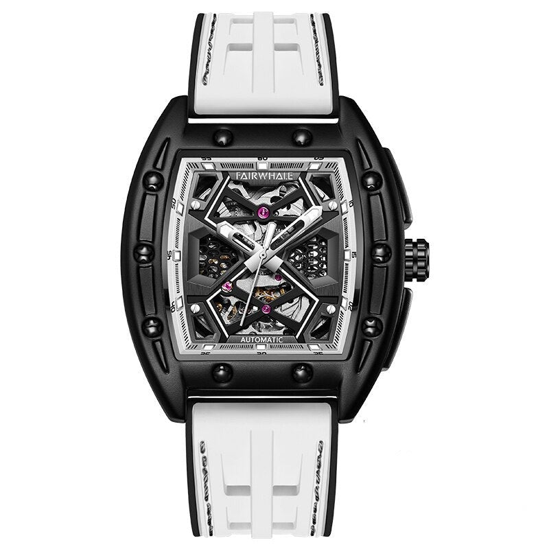 Mark Fairwhale Original Hollow Watch front view with white rubber strap, luxury men automatic watch featuring skeleton dial and black tonneau case, modern limited edition design