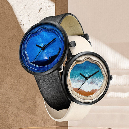 Side angle of Fairwhale minimalist watch for women, slim 40mm case with starry blue dial and genuine leather strap, modern luxury women’s timepiece.