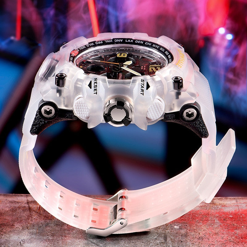 Side profile of the transparent FW-4230 tactical watch with rugged case design.