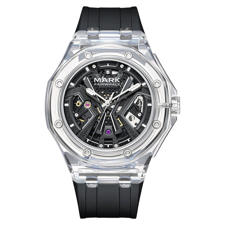 Mark Fairwhale FW-6550 FLAROG men’s automatic watch with black silicone strap and clear acrylic case.