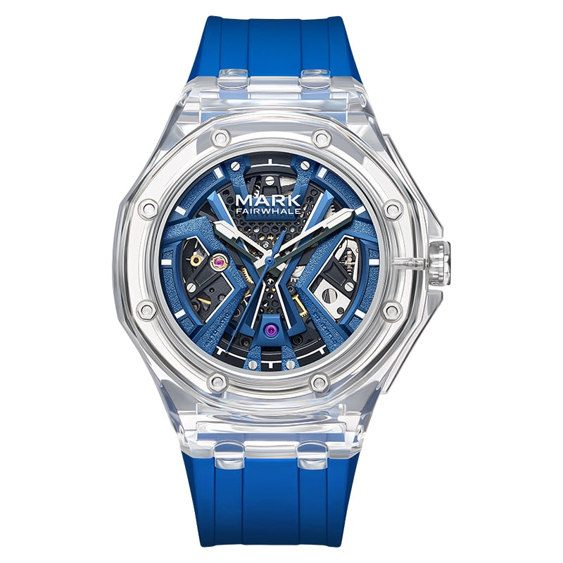Mark Fairwhale FW-6550 FLAROG men’s automatic watch with transparent acrylic case and blue silicone strap.